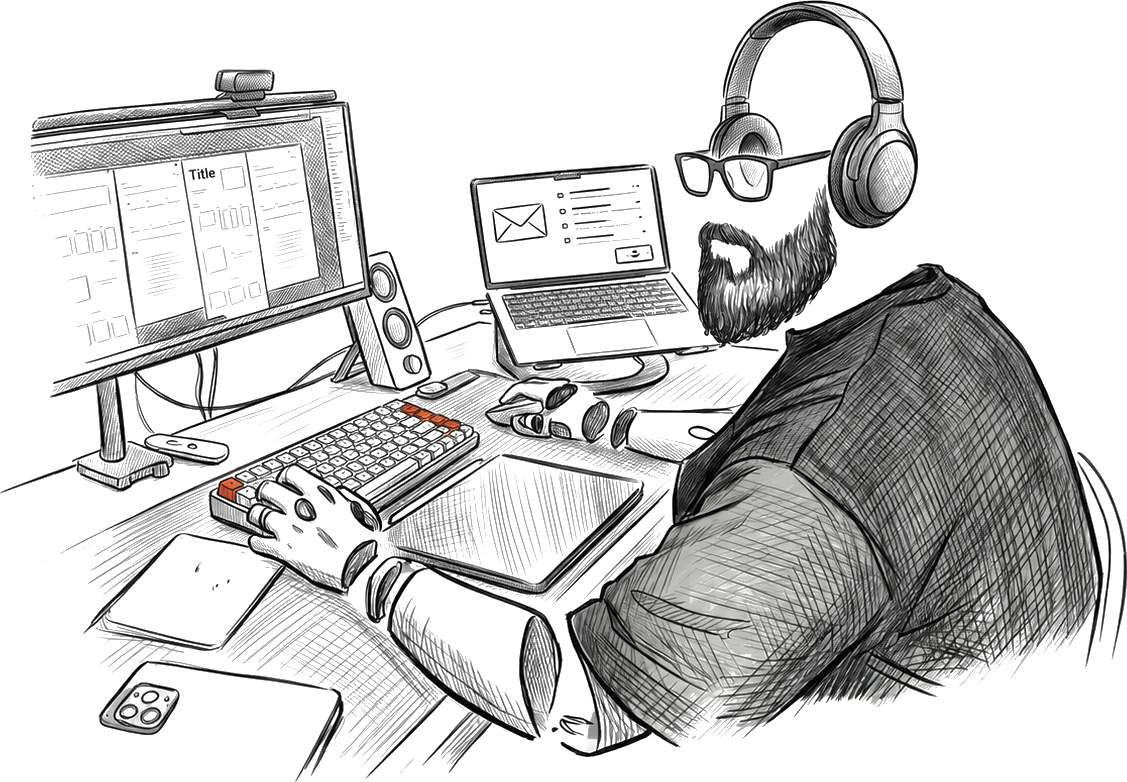 Getekend portret van Abdelrahman aan zijn ontwerpdesk