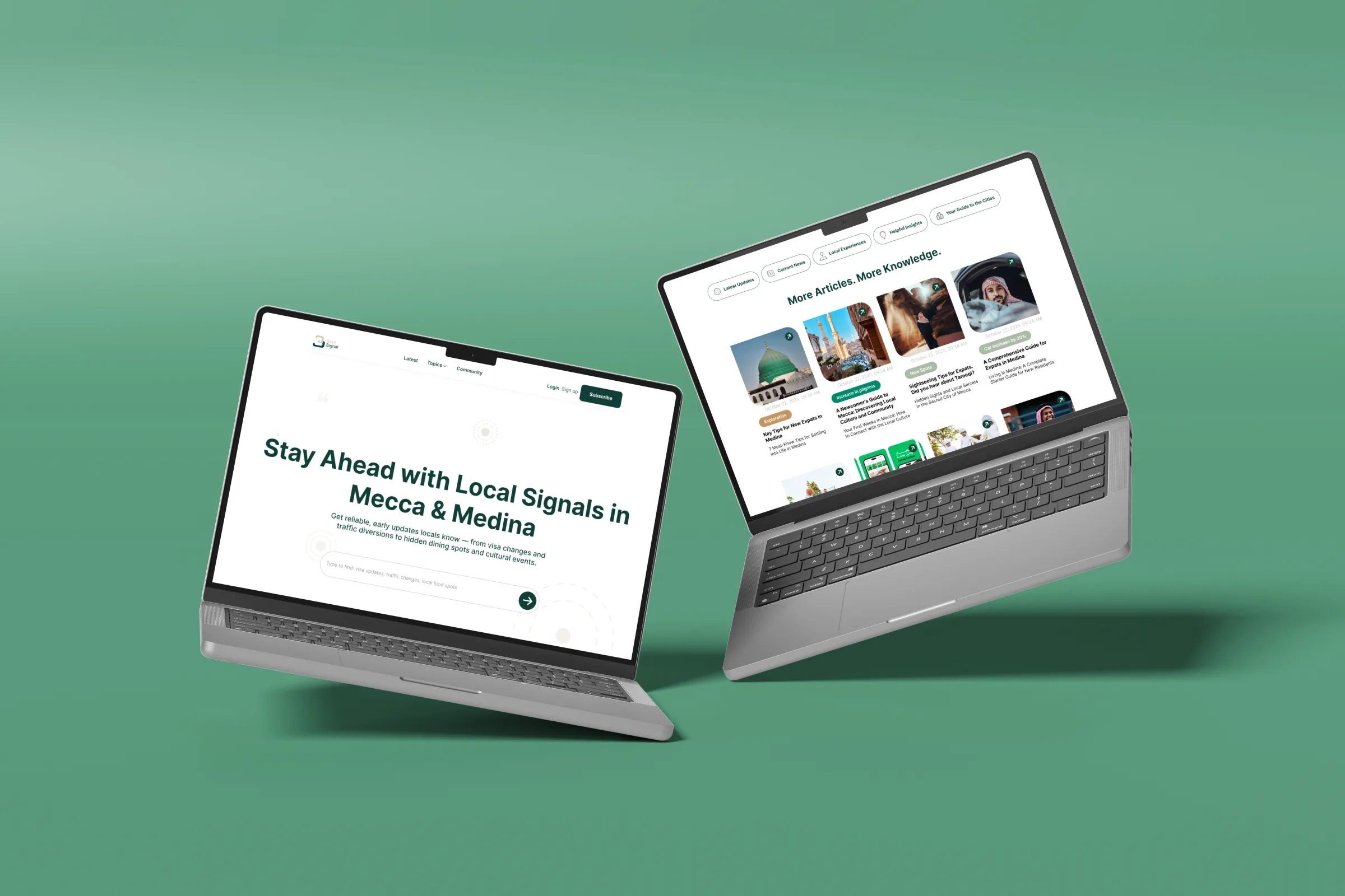 Bayn Signal lokale pulse en artikeloverzicht op twee laptops