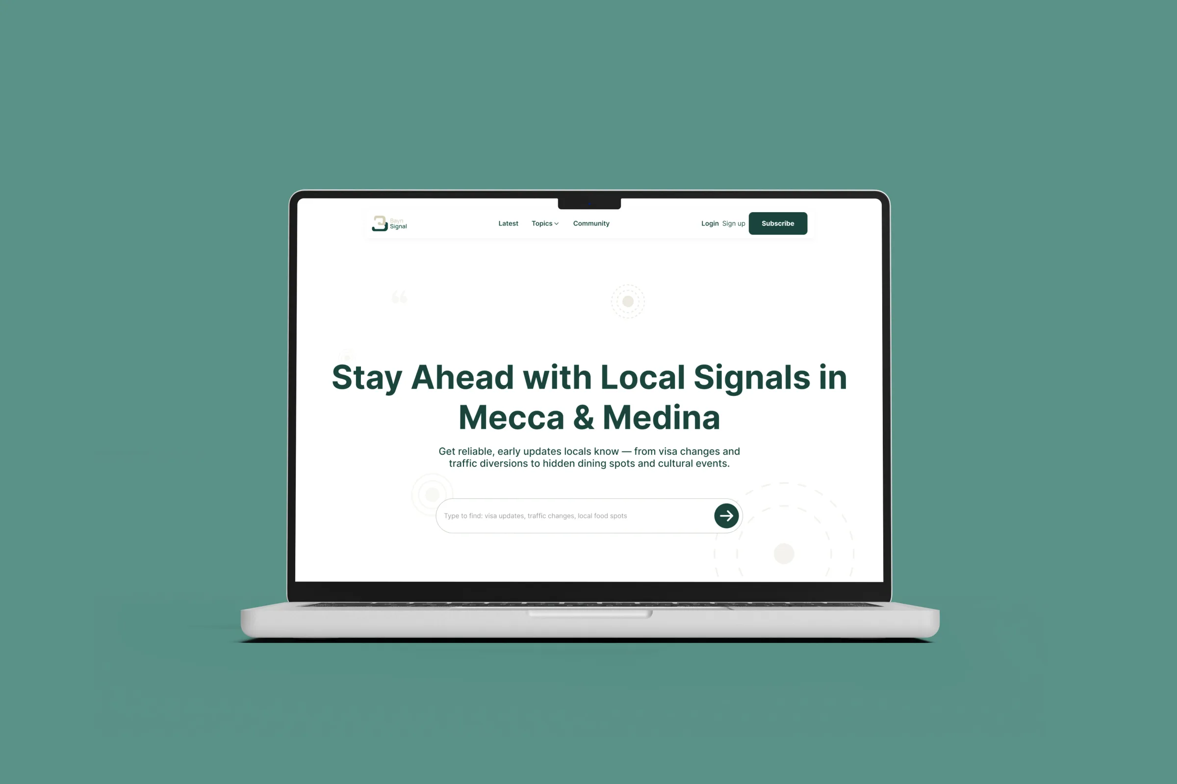 Bayn Signal landingspagina in een laptopmockup