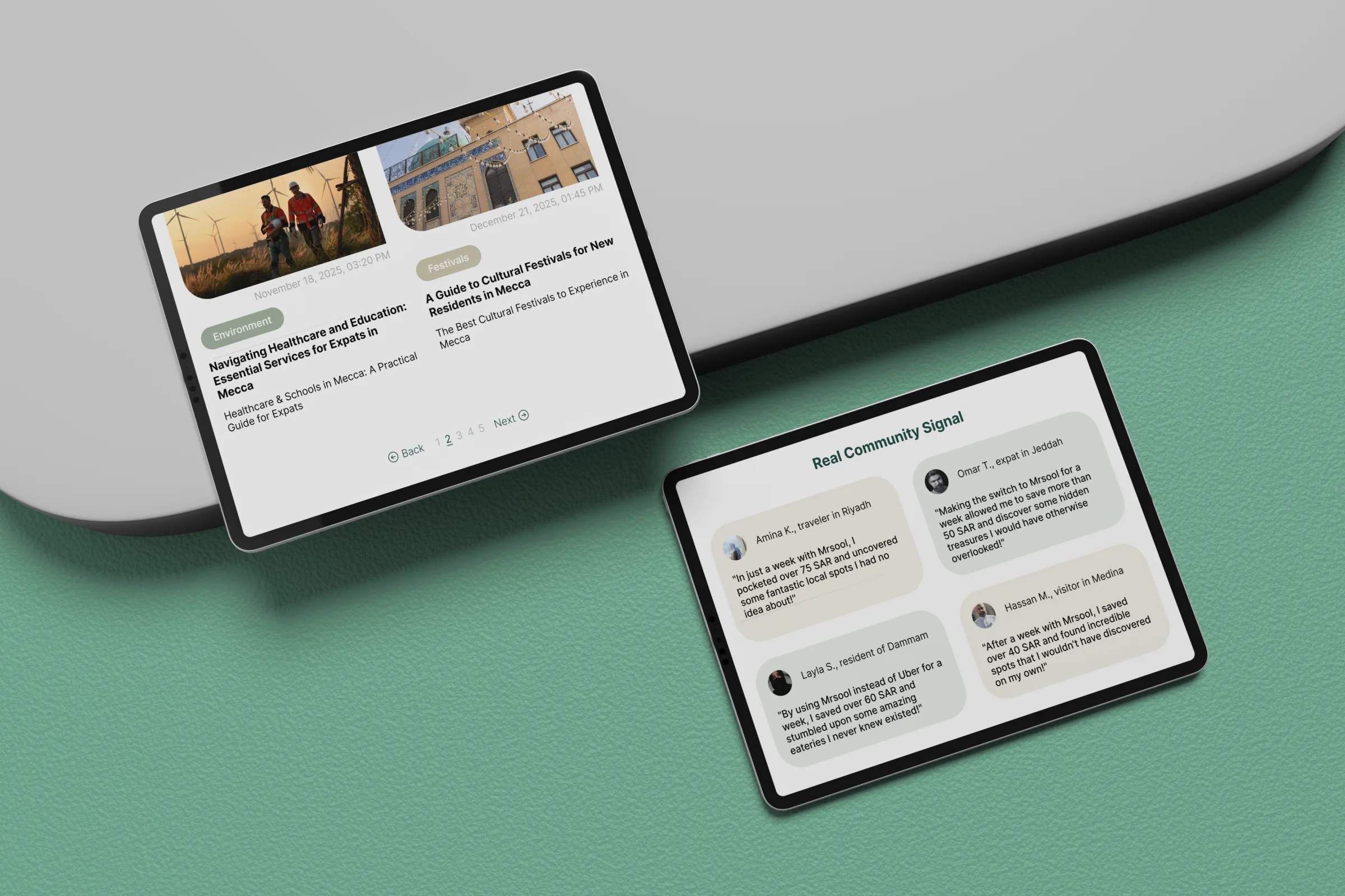 Bayn Signal artikeloverzicht en communitysignalen op twee tablets