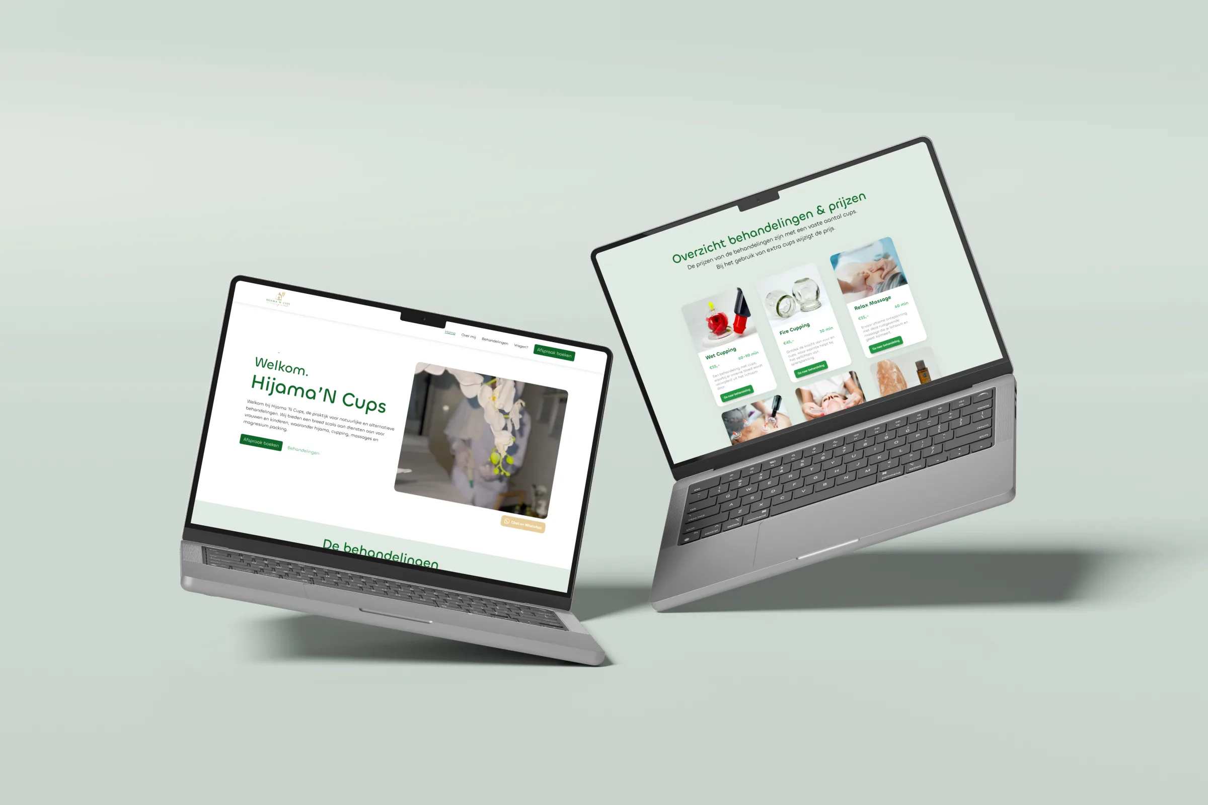 Hijama ’N Cups homepage en behandelingen op twee laptops
