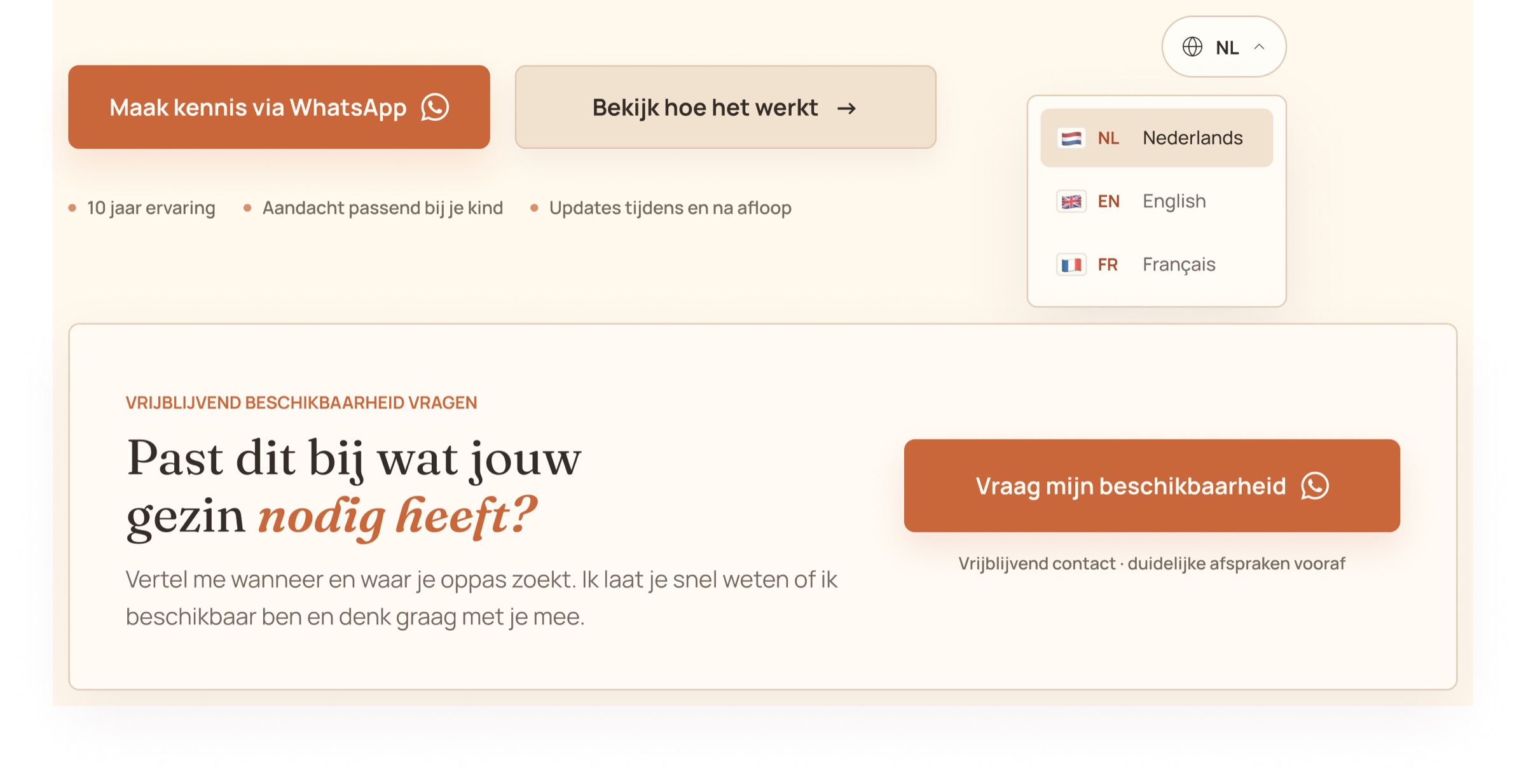 Funnel-elementen met WhatsApp-intake, taalkeuze en beschikbaarheidsvraag