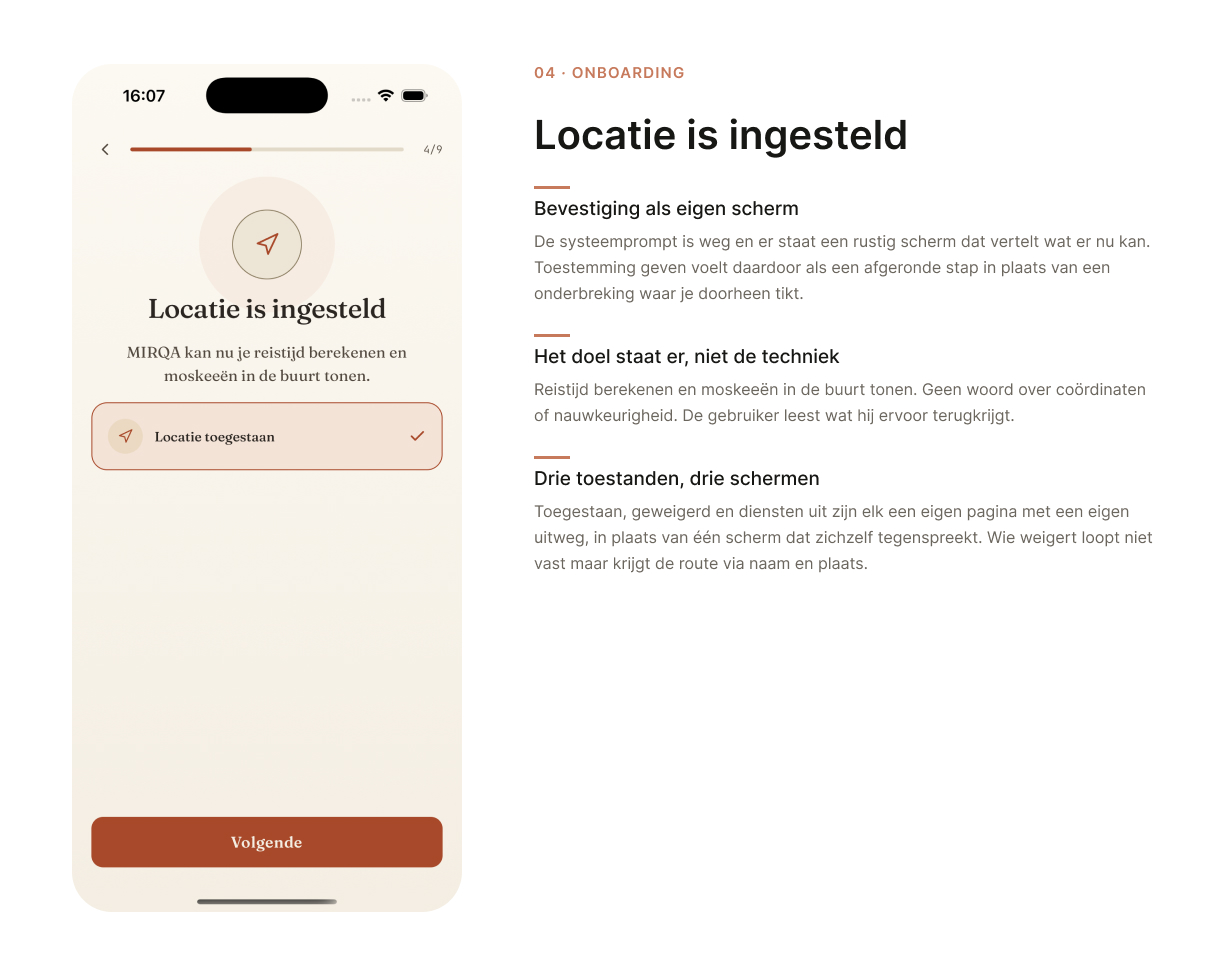 Onboarding / locatie bevestigd. MIRQA