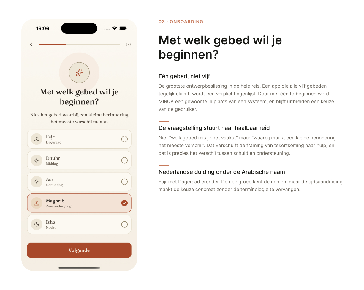 Onboarding / gebedskeuze. MIRQA