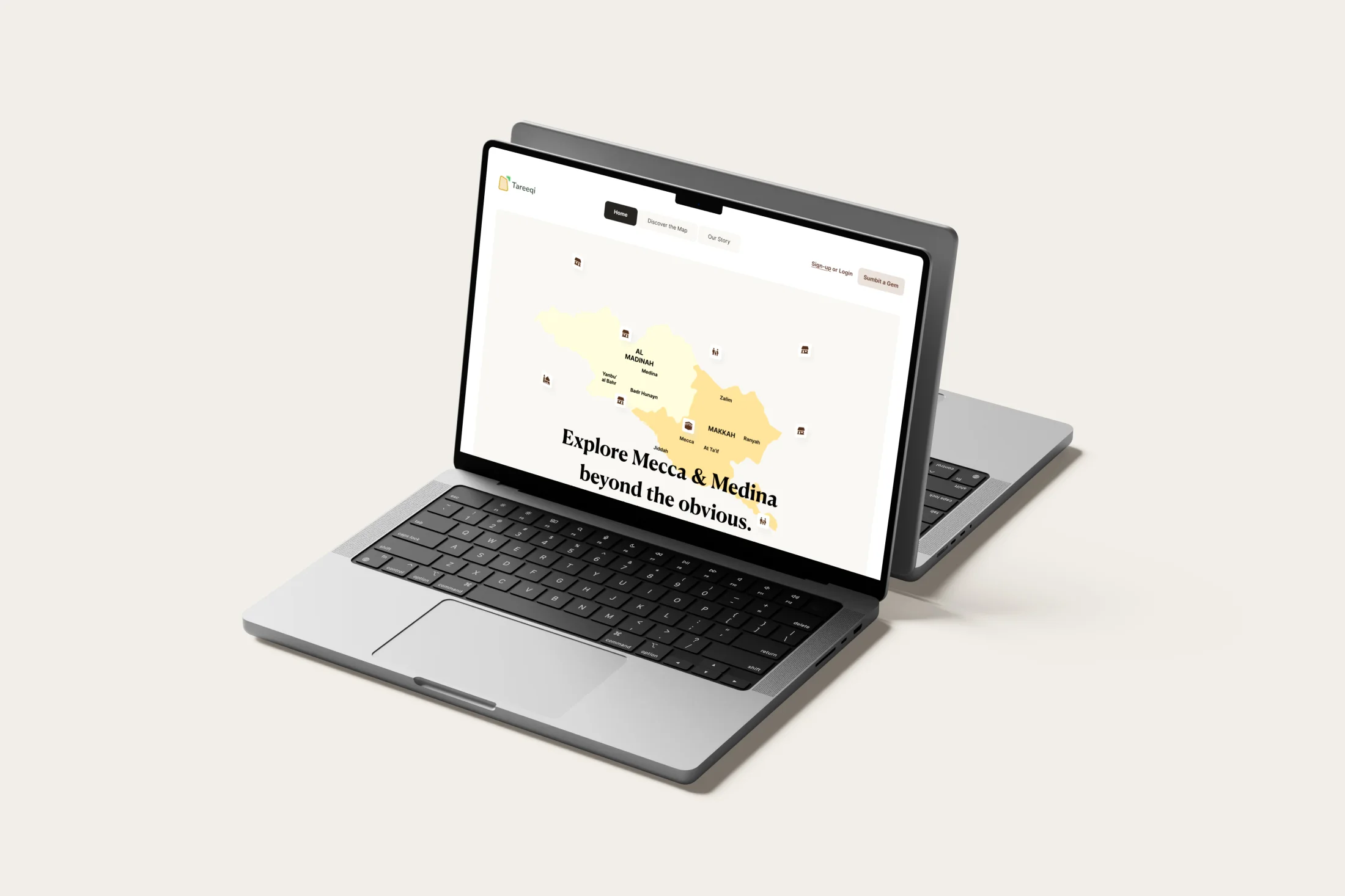 Tareeqi interactieve kaart in een laptopmockup