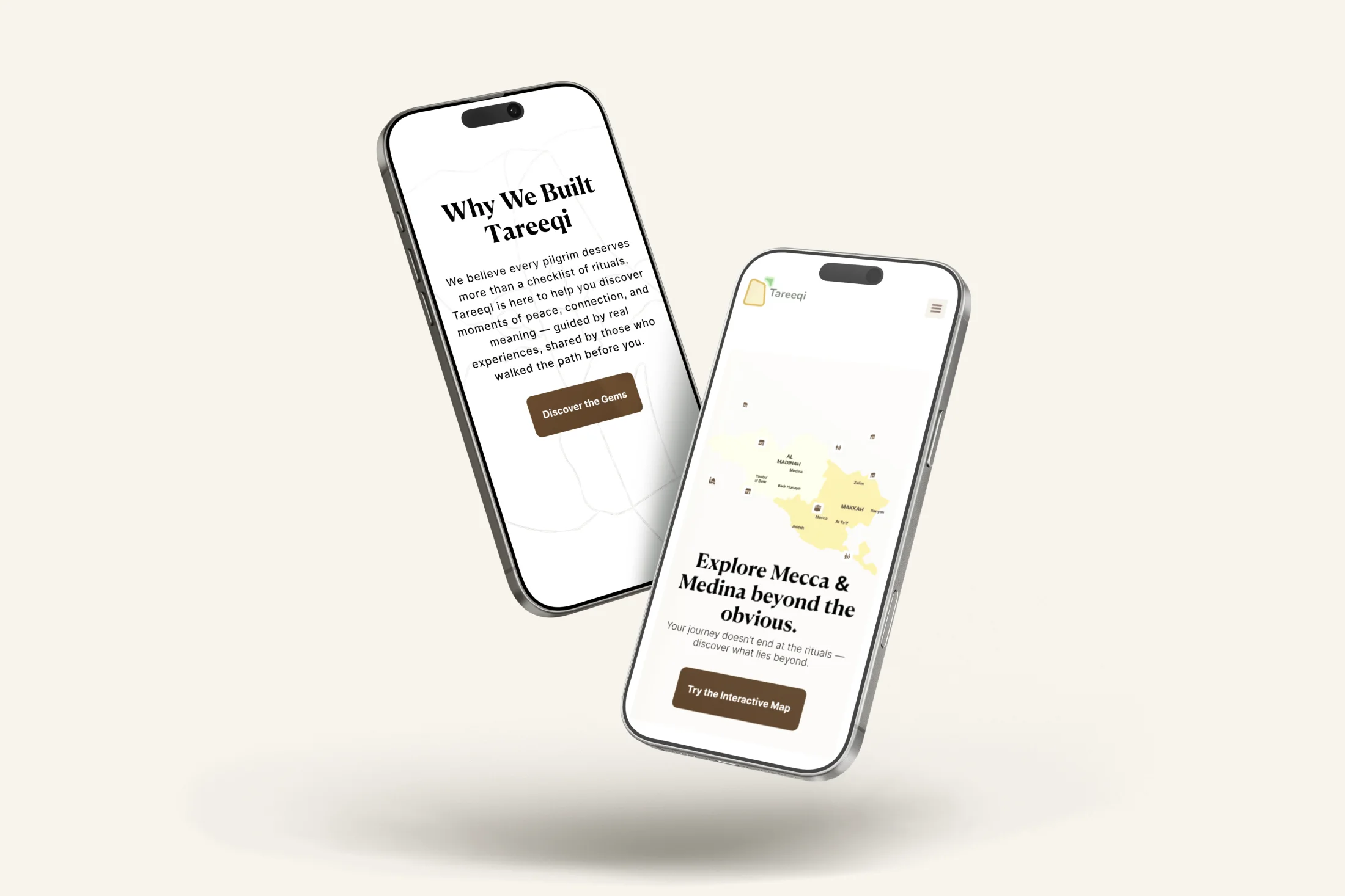 Tareeqi op twee smartphones met de kaart en het verhaal achter het concept