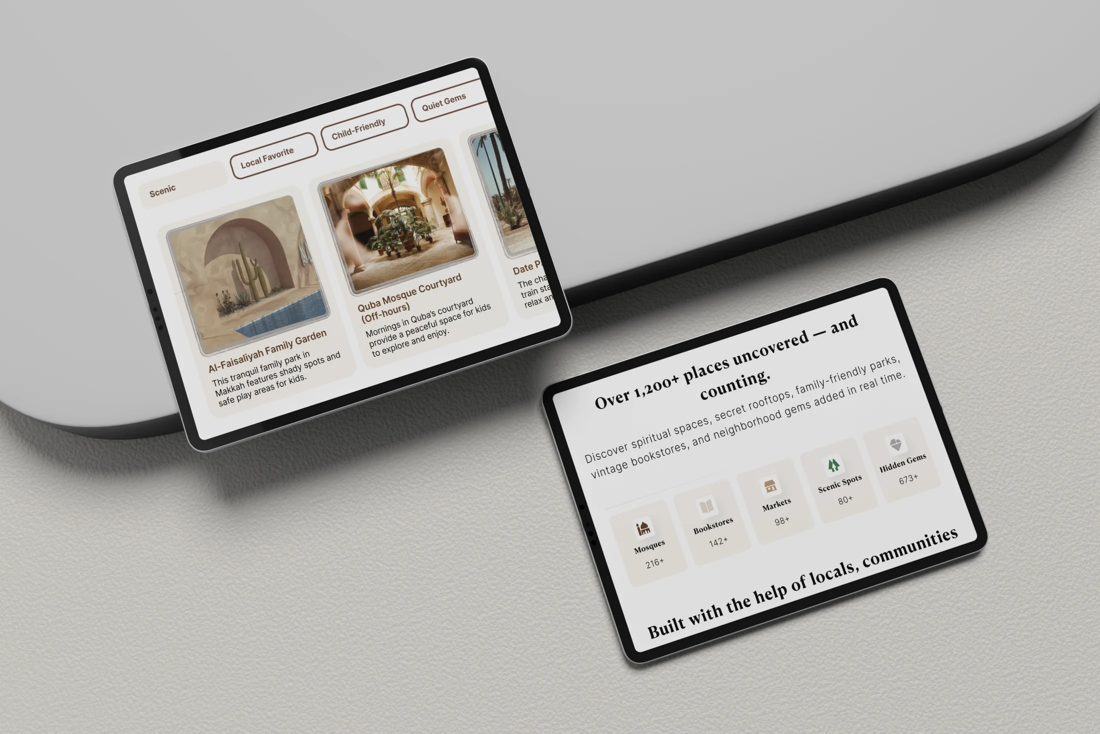Tareeqi tabletinterfaces met lokale plekken, filters en categorieën